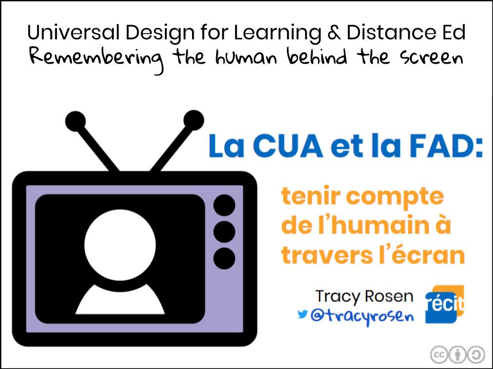 Image of person icon inside a television with text: Universal Design for Learning & Distance Ed Remembering the human behind the screen