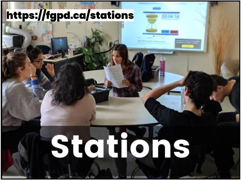 Image of teacher and a small group of students with text: Stations https://fgpd.ca/stations